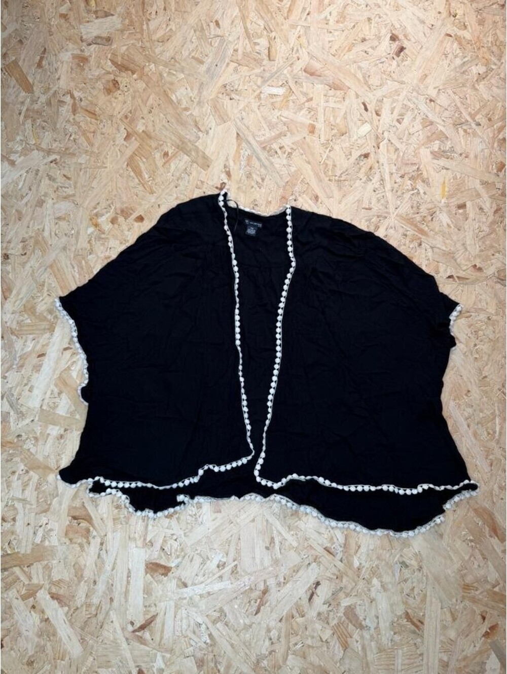 New Directions Cardigan Womens PM Black Pom Pom Trim Open Front Kimono Shrug